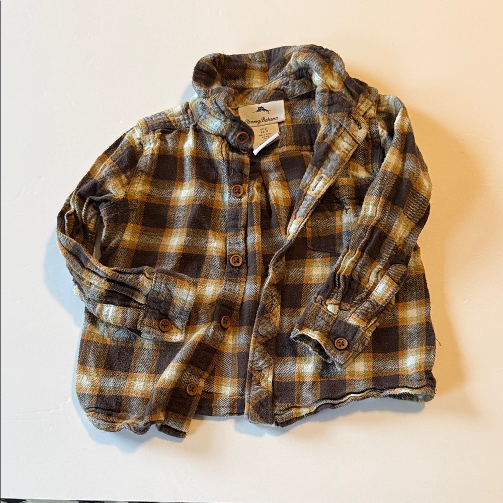 Tommy Bahama Kids 2T Plaid Button-down Flannel Shirt - Brown and Yellow